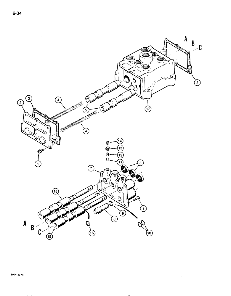 Схема запчастей Case 855D - (6-34) - TRANSMISSION CONTROL VALVE ASSEMBLY (06) - POWER TRAIN