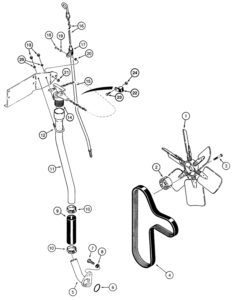 Схема запчастей Case 850E - (2-42) - RADIATOR FAN AND BELT, ENGINE FILLER TUBE AND DIPSTICK (02) - ENGINE