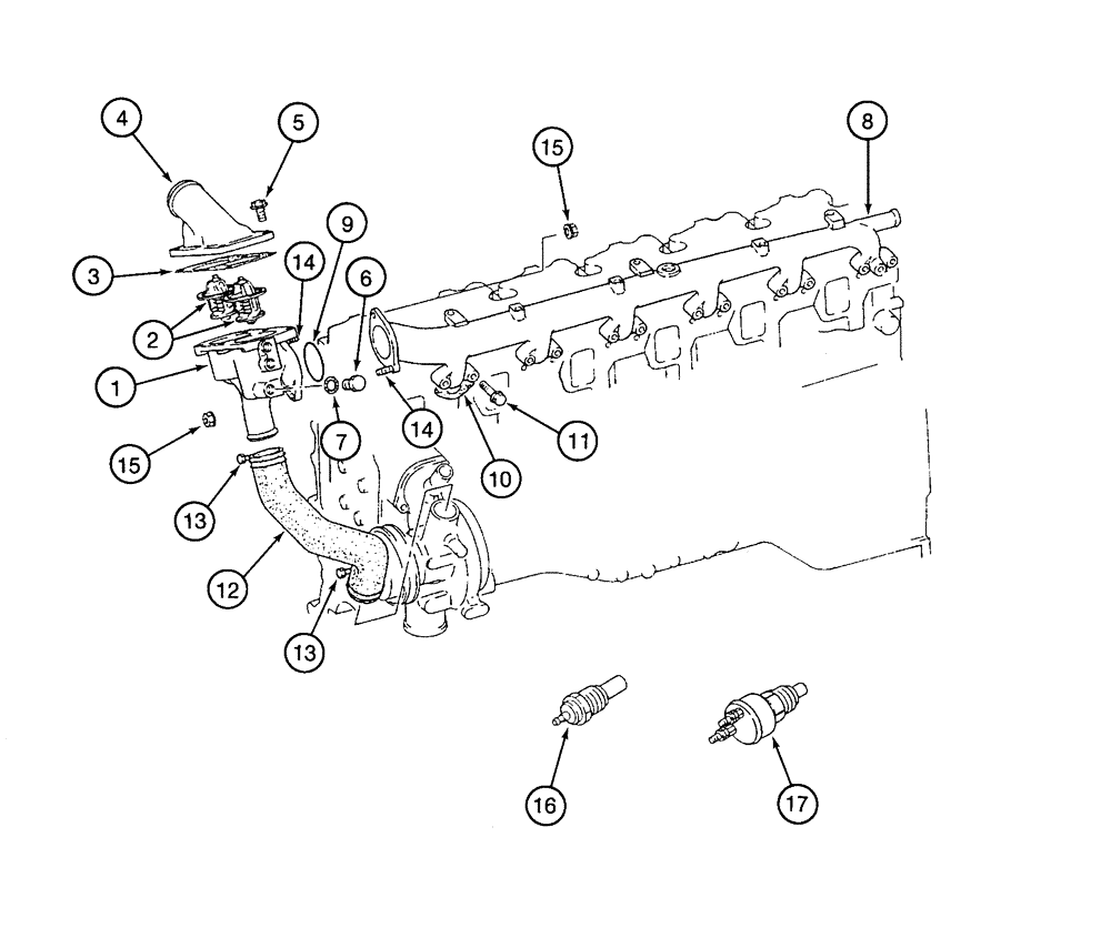 Схема запчастей Case 9060 - (2-38) - WATER PIPE AND THERMOSTAT (02) - ENGINE