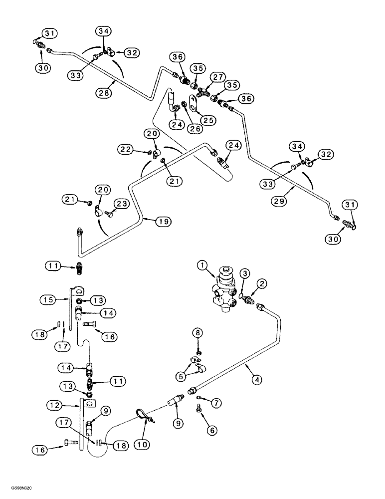 Схема запчастей Case 621B - (7-17A) - MAIN BRAKE HYDRAULIC CIRCUIT, MAIN BRAKE VALVE TO FRONT AXLE, P.I.N. JEE0051723 AND AFTER (07) - BRAKES
