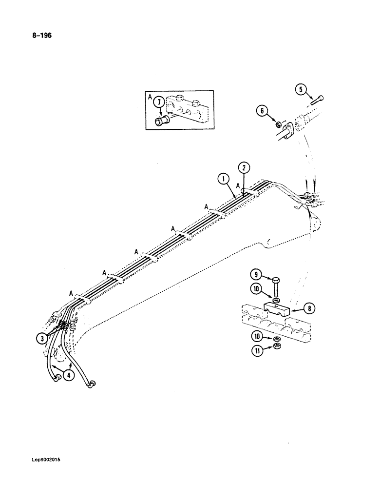 Схема запчастей Case 125B - (8-196) - REHANDLING ARM HYDRAULIC CIRCUIT, IF USED, TUBES AT ARM, CLAMSHELL SWING FEED (08) - HYDRAULICS