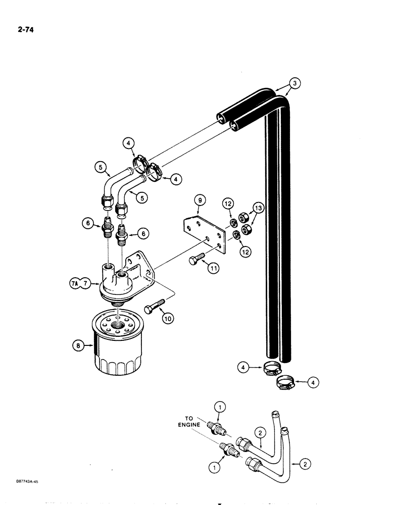 Схема запчастей Case 1818 - (2-074) - ENGINE OIL FILTER AND LINES, GASOLINE MODELS ONLY (02) - ENGINE