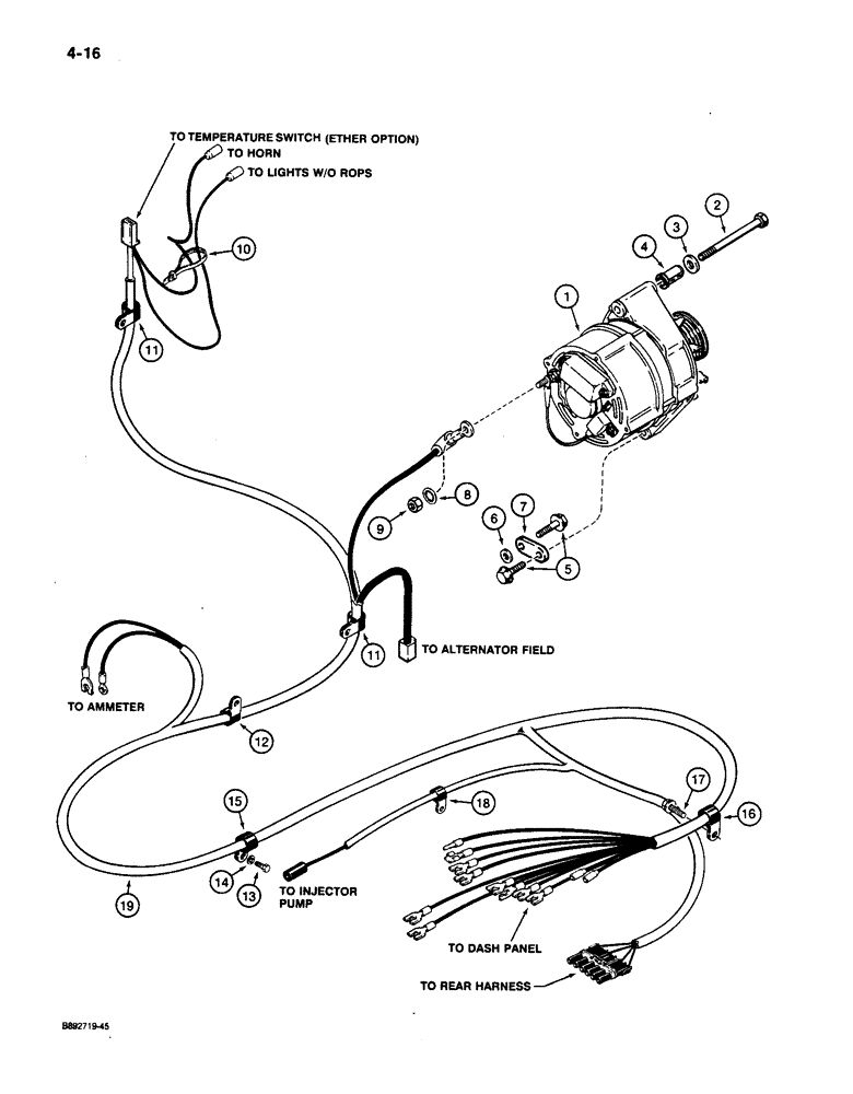 Схема запчастей Case 650 - (4-16) - FRONT WIRING HARNESS AND ALTERNATOR MOUNTING (04) - ELECTRICAL SYSTEMS