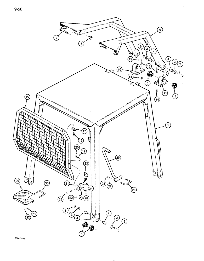 Схема запчастей Case 855D - (9-058) - ROLL OVER PROTECTIVE STRUCTURE, CANOPY AND BRUSH GUARDS (09) - CHASSIS/ATTACHMENTS