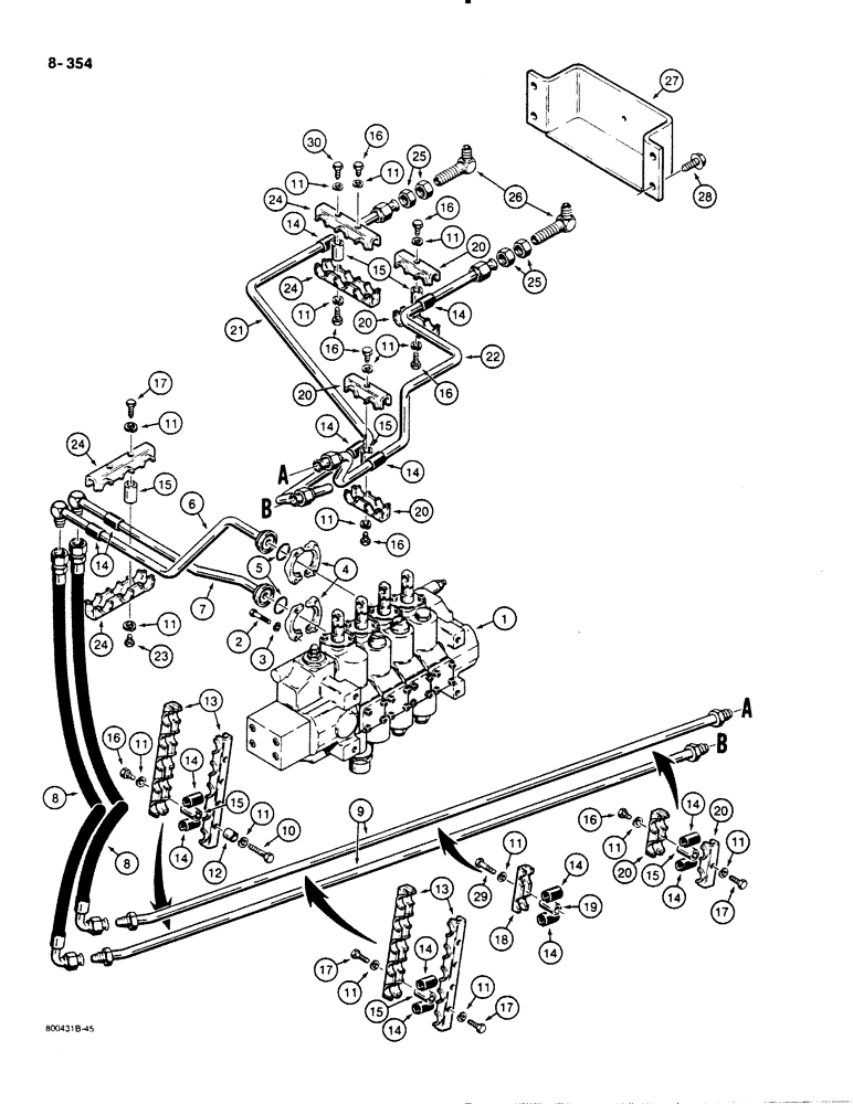 Схема запчастей Case 1450B - (8-354) - DOZER ANGLE HYDRAULIC CIRCUIT, ANGLE TILT PITCH DOZER MODELS, CONTROL VALVE TO GRILLE (08) - HYDRAULICS
