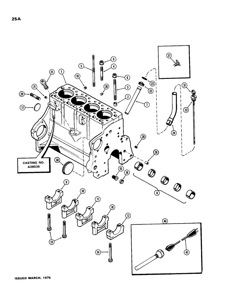 Схема запчастей Case 580B - (025A) - CYLINDER BLOCK WITH STUDS, (188) DIESEL ENGINE, USED PRIOR ENG SN 2711005 (02) - ENGINE