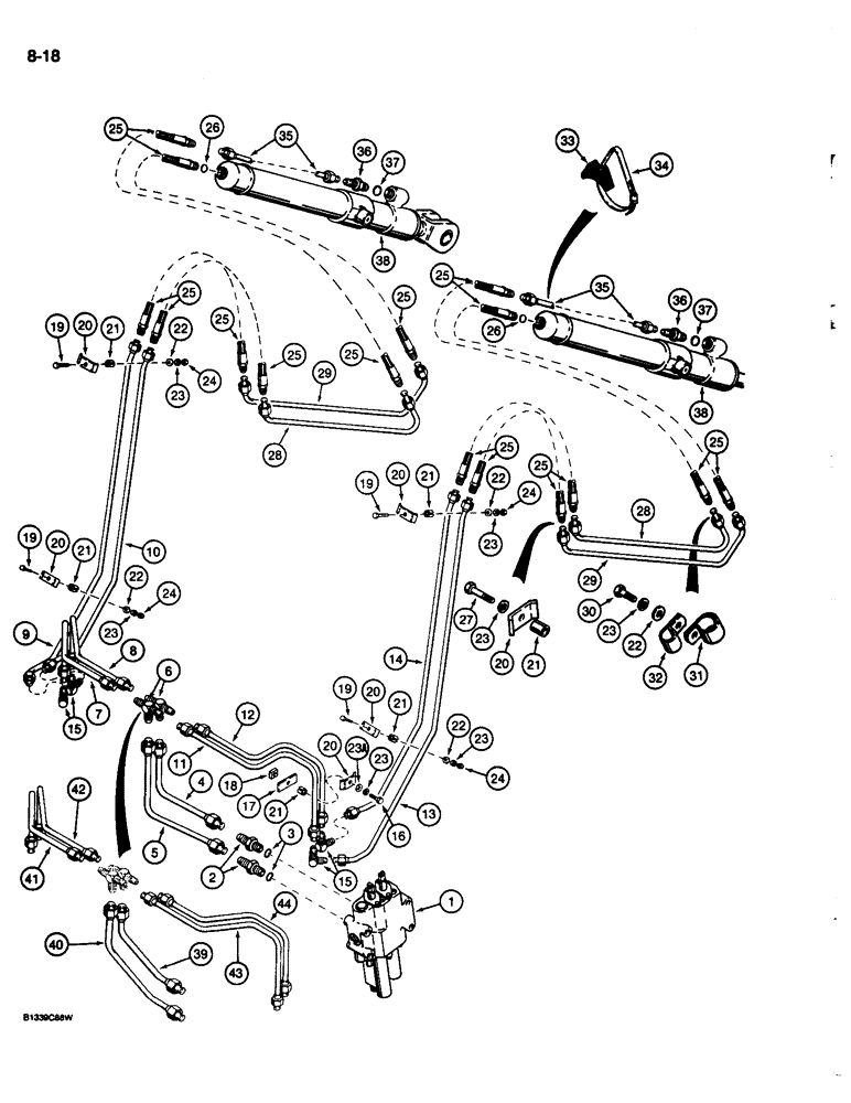 Схема запчастей Case 680L - (8-018) - LOADER BUCKET CYLINDER HYDRAULIC CIRCUIT (08) - HYDRAULICS