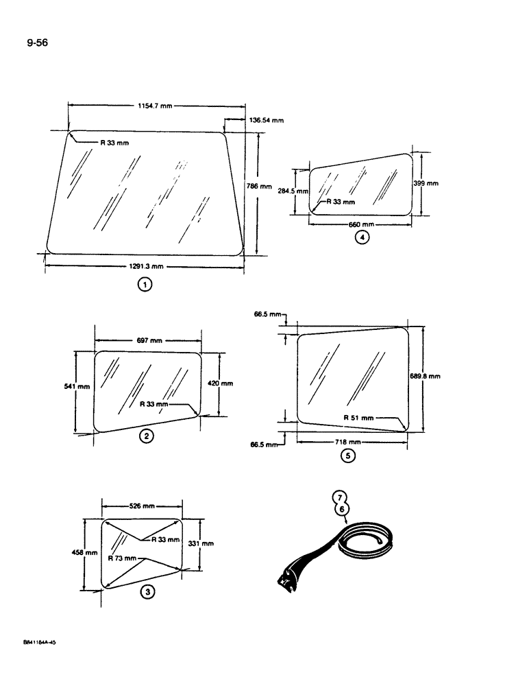 Схема запчастей Case W14B - (9-56) - CAB GLASS, METRIC DIMENSIONS (09) - CHASSIS/ATTACHMENTS