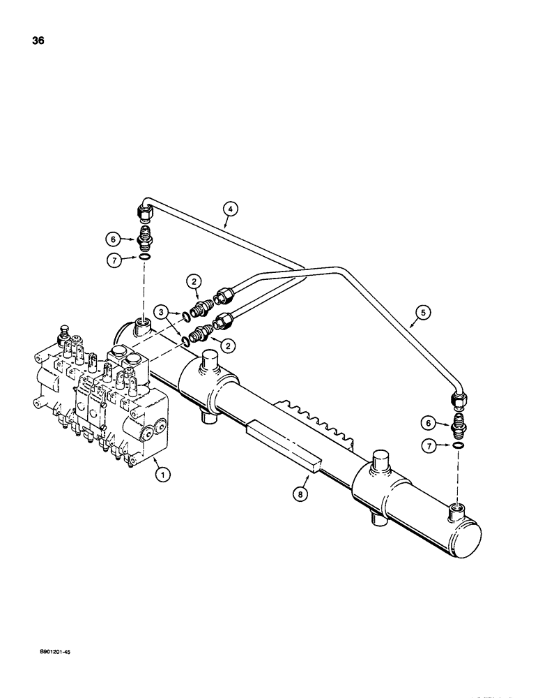 Схема запчастей Case D100XR - (8-036) - BACKHOE SWING CYLINDER HYDRAULIC CIRCUIT, USED ON 1835C, 1840 & 1845C UNI-LOADER W/ DUKE VALVE 
