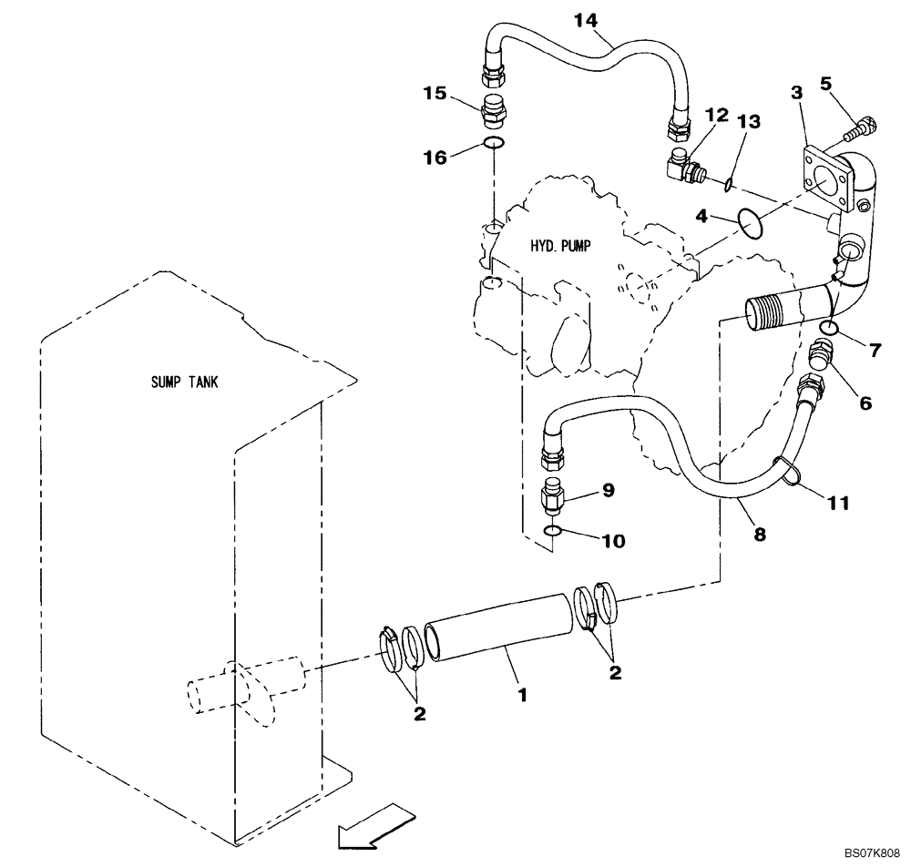 Схема запчастей Case CX135SR - (08-05) - PUMP SUCTION LINE - MODELS WITH DOZER BLADE (08) - HYDRAULICS