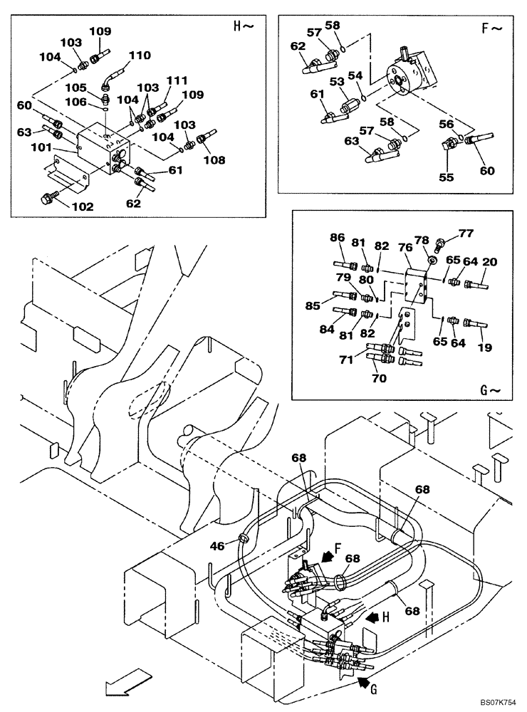 Схема запчастей Case CX225SR - (08-06) - PILOT CONTROL LINES, ATTACHMENT - OPTIONAL (2-WAY) - WITH DOZER BLADE (08) - HYDRAULICS