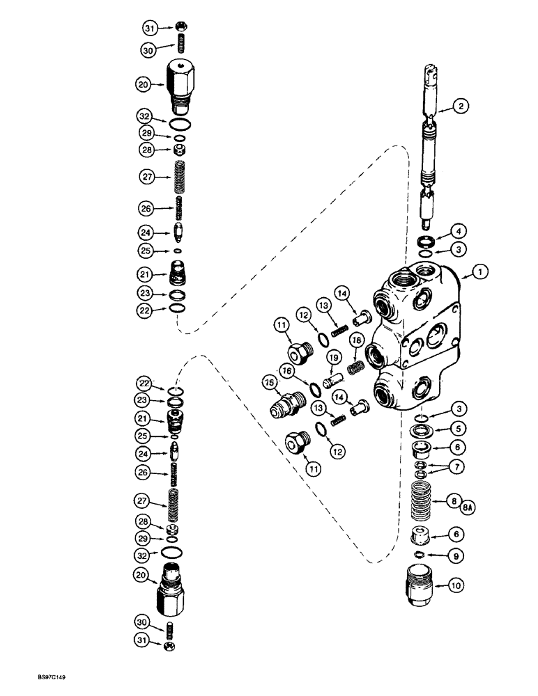 Схема запчастей Case 590L - (8-122) - 122854A6 BACKHOE CONTROL VALVE, SWING SECTIONS (08) - HYDRAULICS