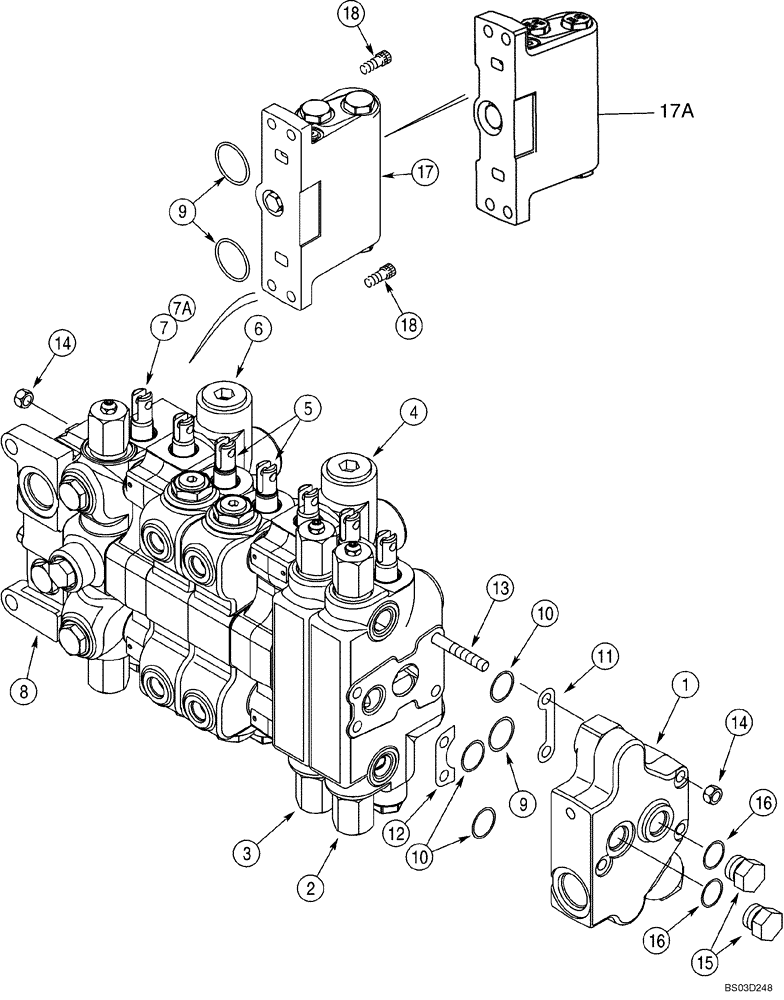 Схема запчастей Case 580M - (08-34) - VALVE ASSY - BACKHOE CONTROL, 7 SPOOL (WITHOUT EXTENDABLE DIPPER AND WITH AUXILIARY HYDRAULICS) (08) - HYDRAULICS