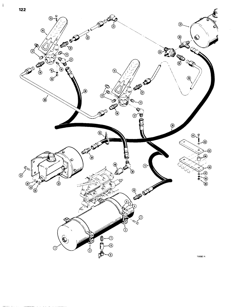 Схема запчастей Case W14 - (122) - BRAKE SYSTEM (RESERVOIR TO TREADLE, MASTER CYL., & CLUTCH CUTOUT), MODELS W/O INSTRUMENT CLUSTER (07) - BRAKES
