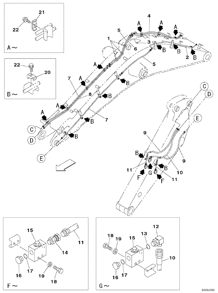 Схема запчастей Case CX800B - (08-19) - HYDRAULIC CIRCUIT - AUXILIARY - BOOM (7.25 M) - ARM (3.00 M) (08) - HYDRAULICS