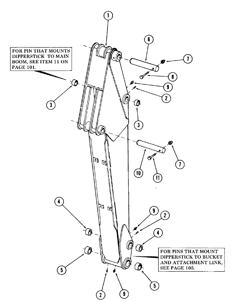 Схема запчастей Case 120 - (103) - 11-0" DIPPERSTICK AND ATTACHING PARTS (84) - BOOMS, DIPPERS & BUCKETS