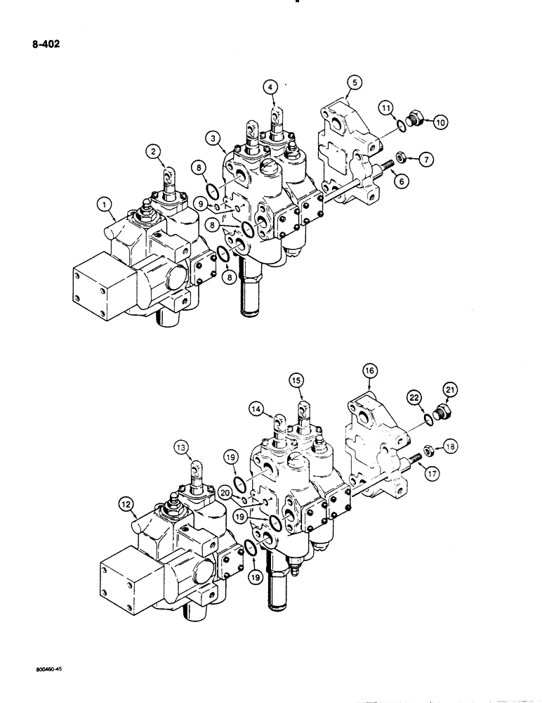Схема запчастей Case 1450B - (8-402) - THREE SPOOL VALVE, 74" (1880 MM) GAUGE TILT DOZER MODELS OR, MECHANICAL ANGLE DZER MODELS W/RIPPER, (08) - HYDRAULICS