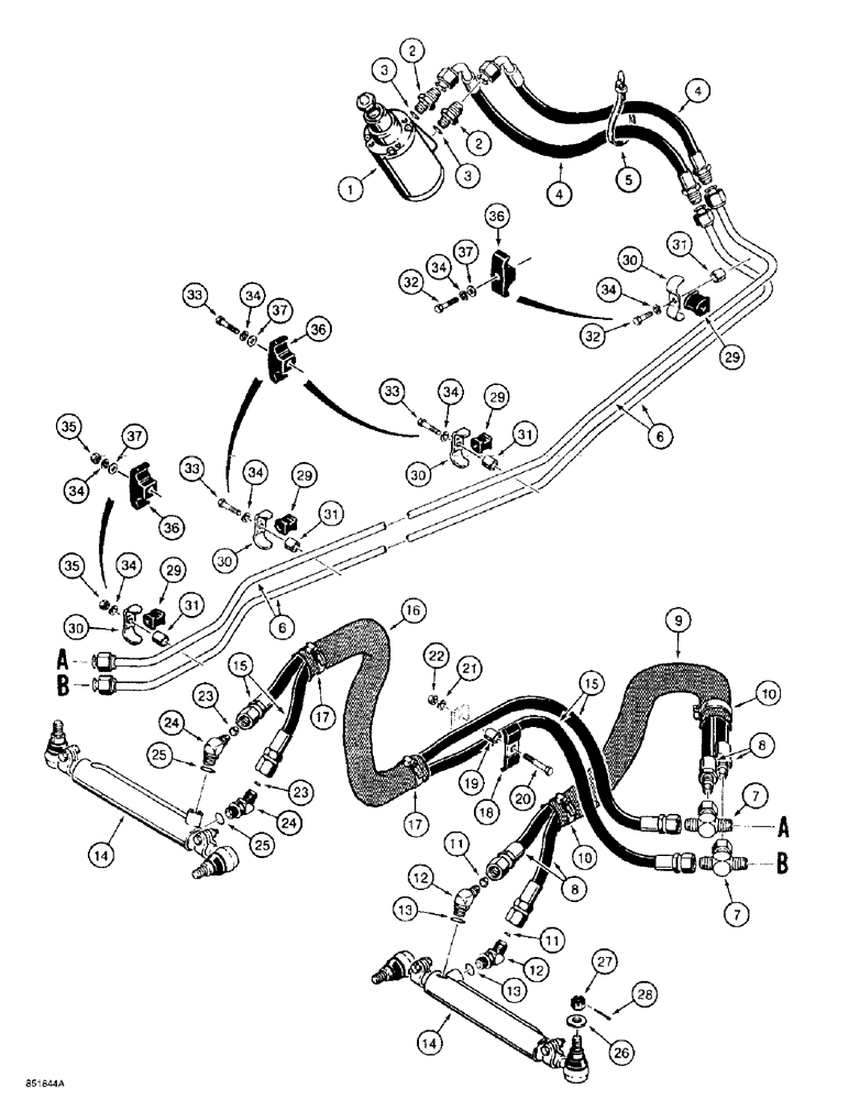 Схема запчастей Case 584E - (5-08) - STEERING HYDRAULIC CIRCUIT, STEERING CONTROL VALVE TO CYLINDERS, FOUR WHEEL DRIVE MODELS (05) - STEERING