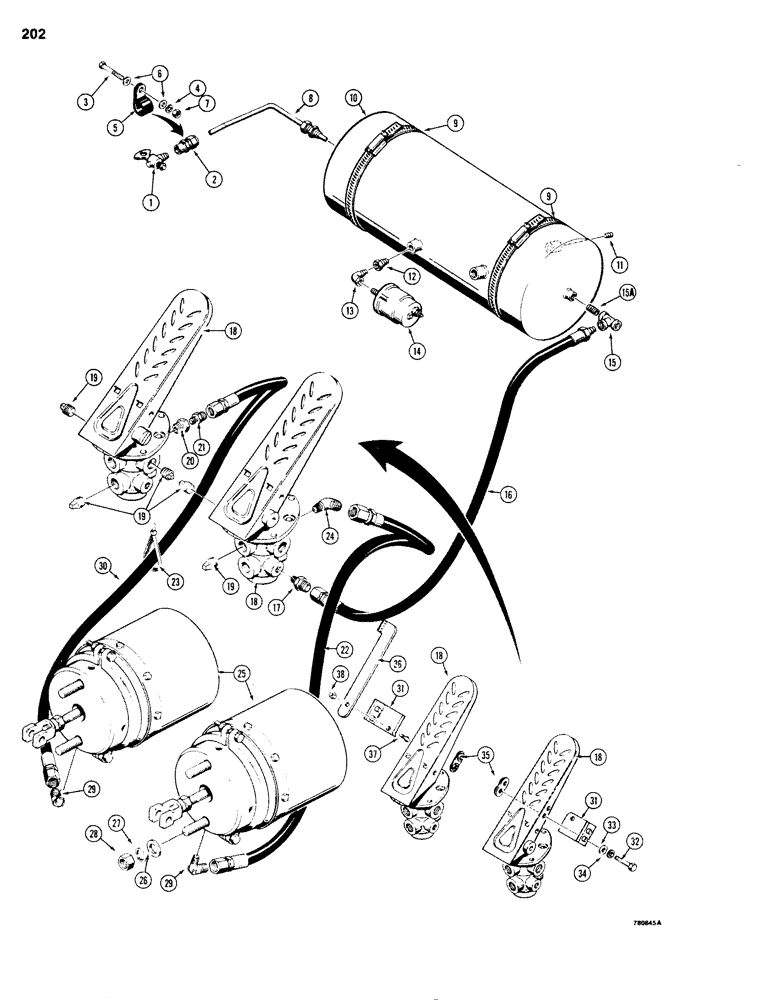 Схема запчастей Case 680G - (202) - BRAKE SYSTEM, RESERVOIR TO BRAKE TREADLES AND BRAKE CHAMBER (07) - BRAKES