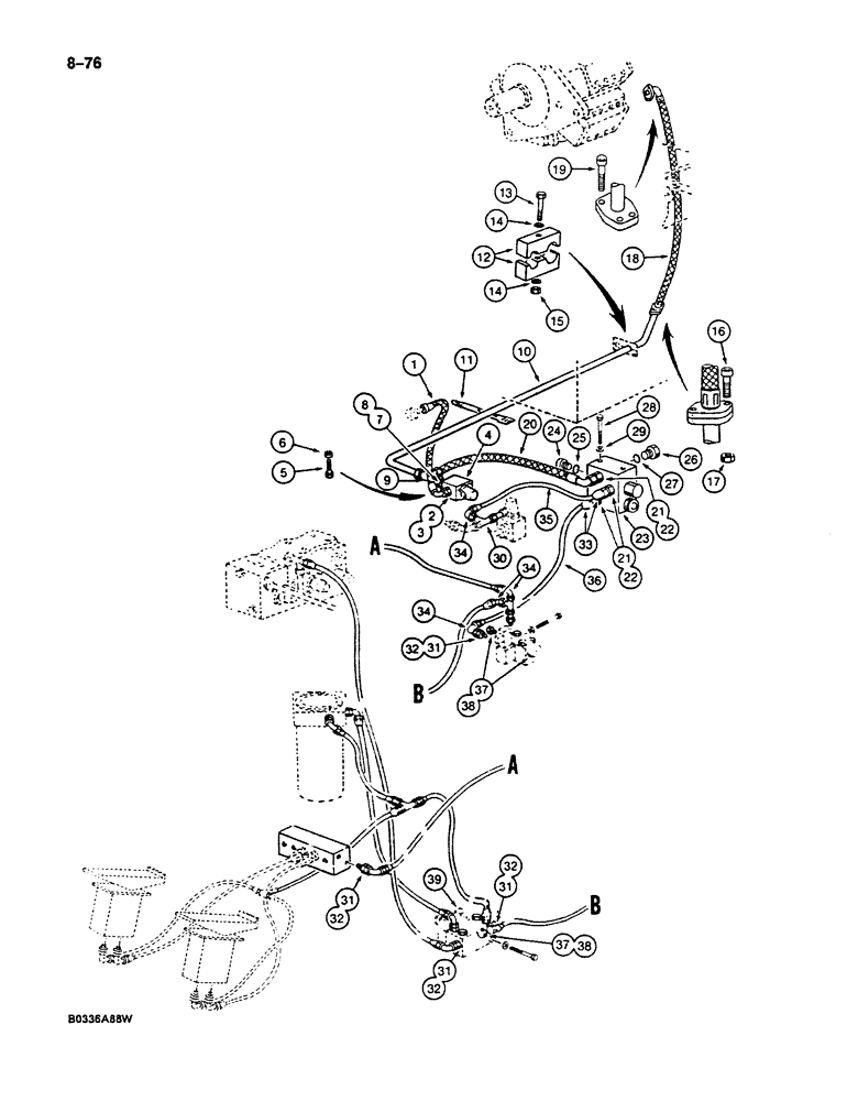 Схема запчастей Case 125B - (8-076) - HYDRAULIC CIRCUIT FOR PILOT CONTROLS, P.I.N. 74631 THROUGH 74844 (08) - HYDRAULICS