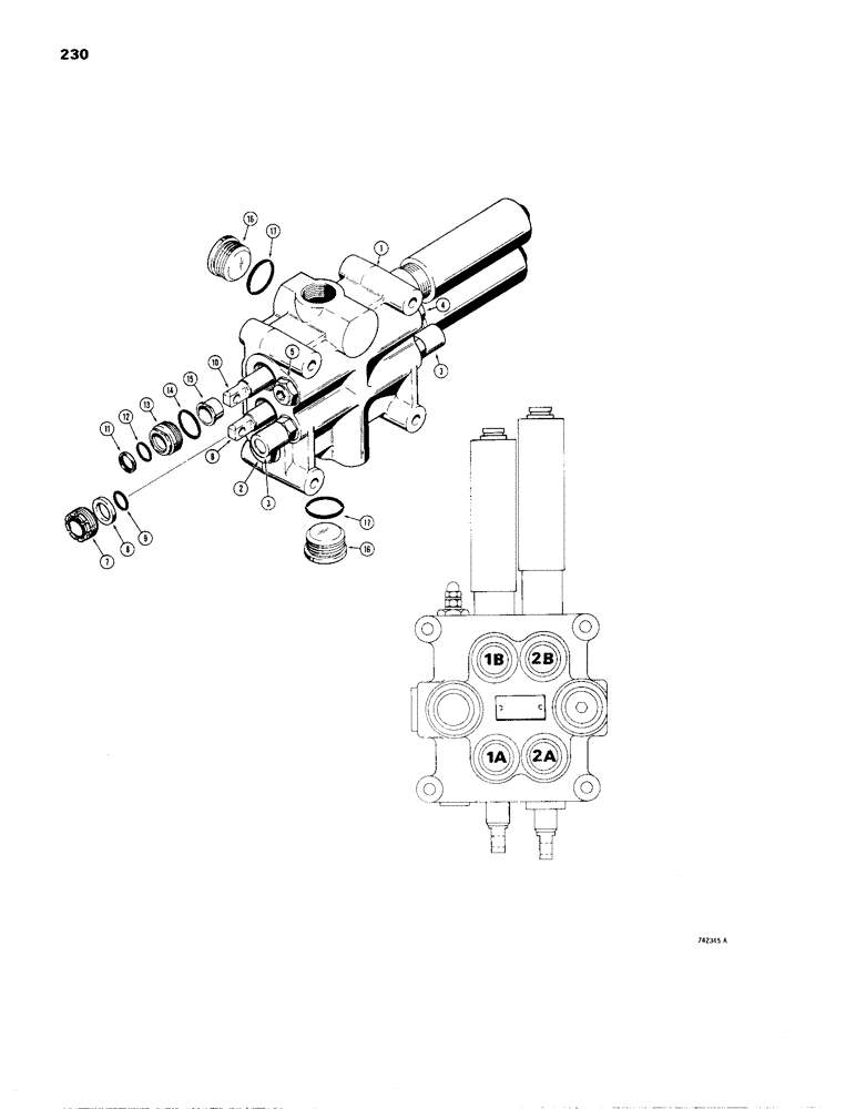 Схема запчастей Case W24B - (230) - LOADER CONTROL VALVE (2 SPOOL) (08) - HYDRAULICS