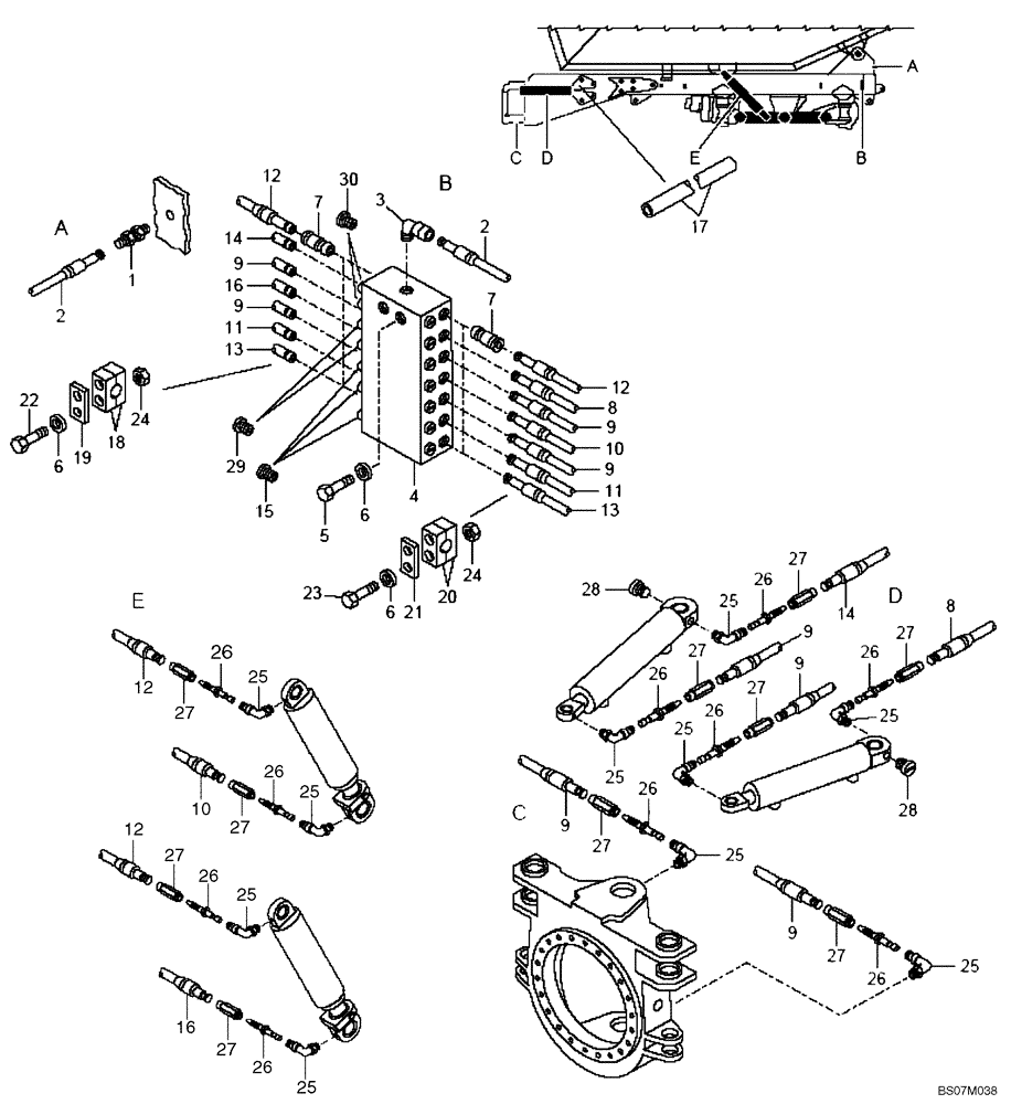 Схема запчастей Case 340 - (94A00000524[001]) - GREASING SYSTEM - REAR FRAME (POINTS A,B,C,D,E) (87612219) (19) - OPTIONS