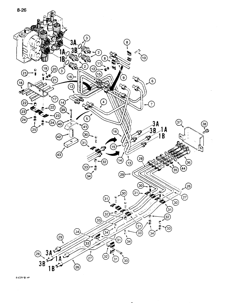 Схема запчастей Case 855D - (8-026) - DOZER TILT AND ANGLE HYDRAULIC CIRCUITS, CONTROL VALVE TO GRILLE (08) - HYDRAULICS