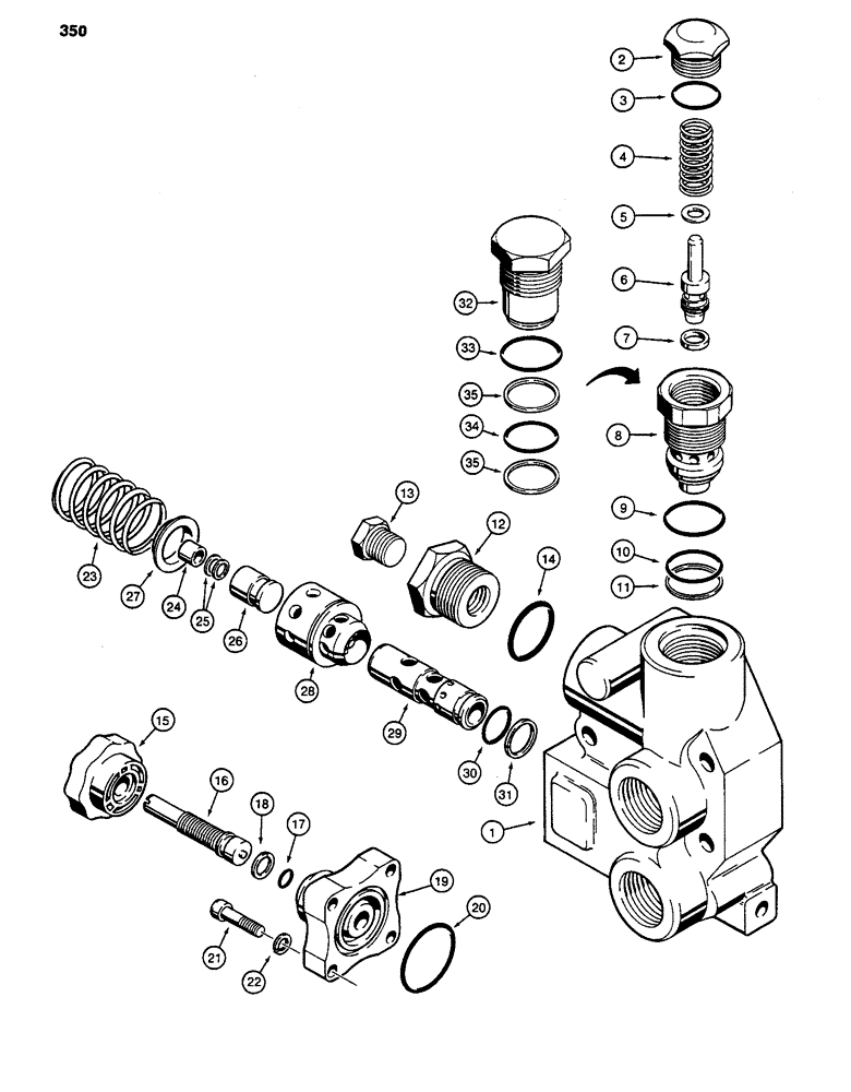 Схема запчастей Case 480LL - (350) - THREE-POINT HITCH CONTROL VALVE, INLET-OUTLET SECTION (35) - HYDRAULIC SYSTEMS