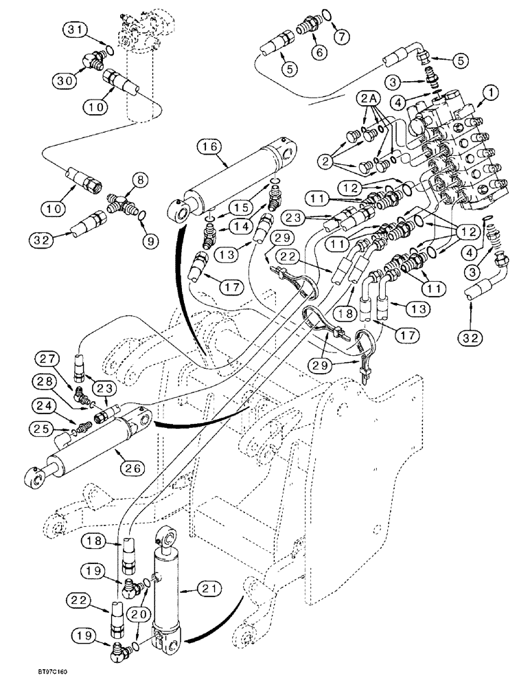 Схема запчастей Case 580L - (8-057G) - THREE-POINT HITCH CYLINDER HYDRAULIC CIRCUIT, RETURN LINE AT BOTTOM OF HITCH VALVE (08) - HYDRAULICS