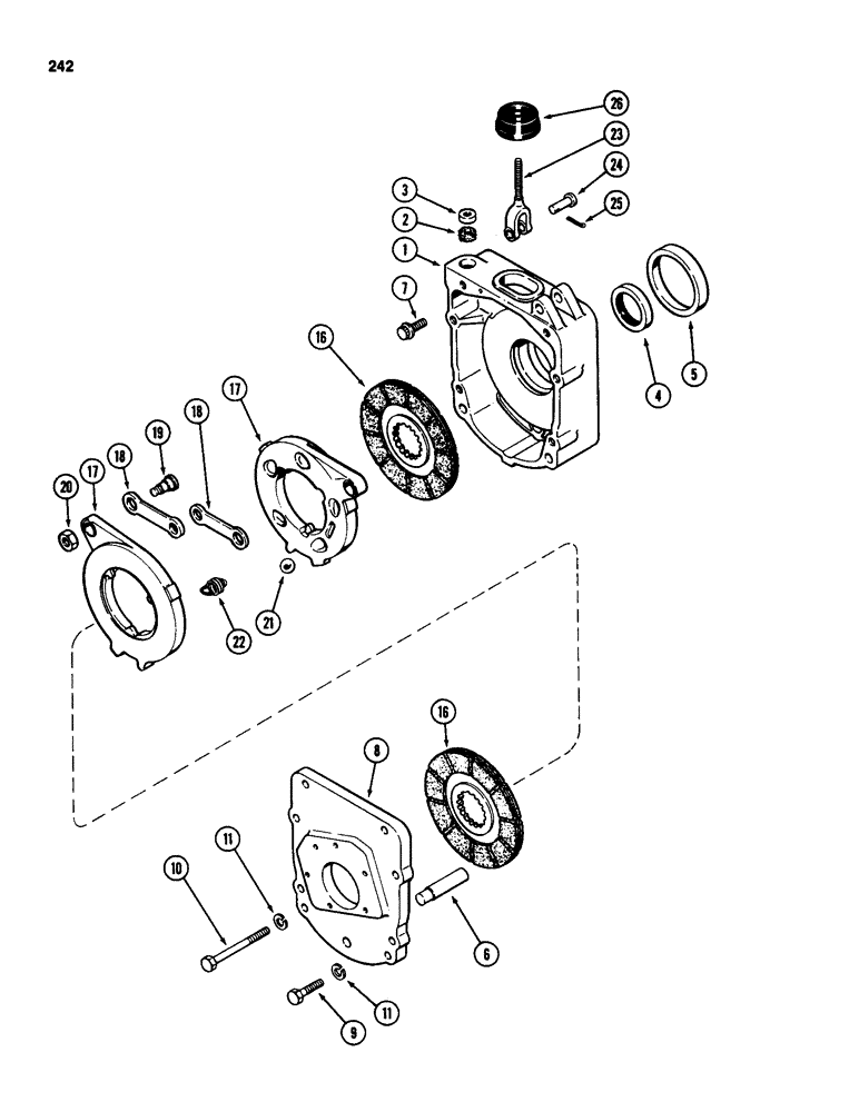 Схема запчастей Case 580D - (242) - TRANSAXLE DIFFERENTIAL BRAKE HOUSING AND BRAKE, WITH TURBOCHARGER (07) - BRAKES