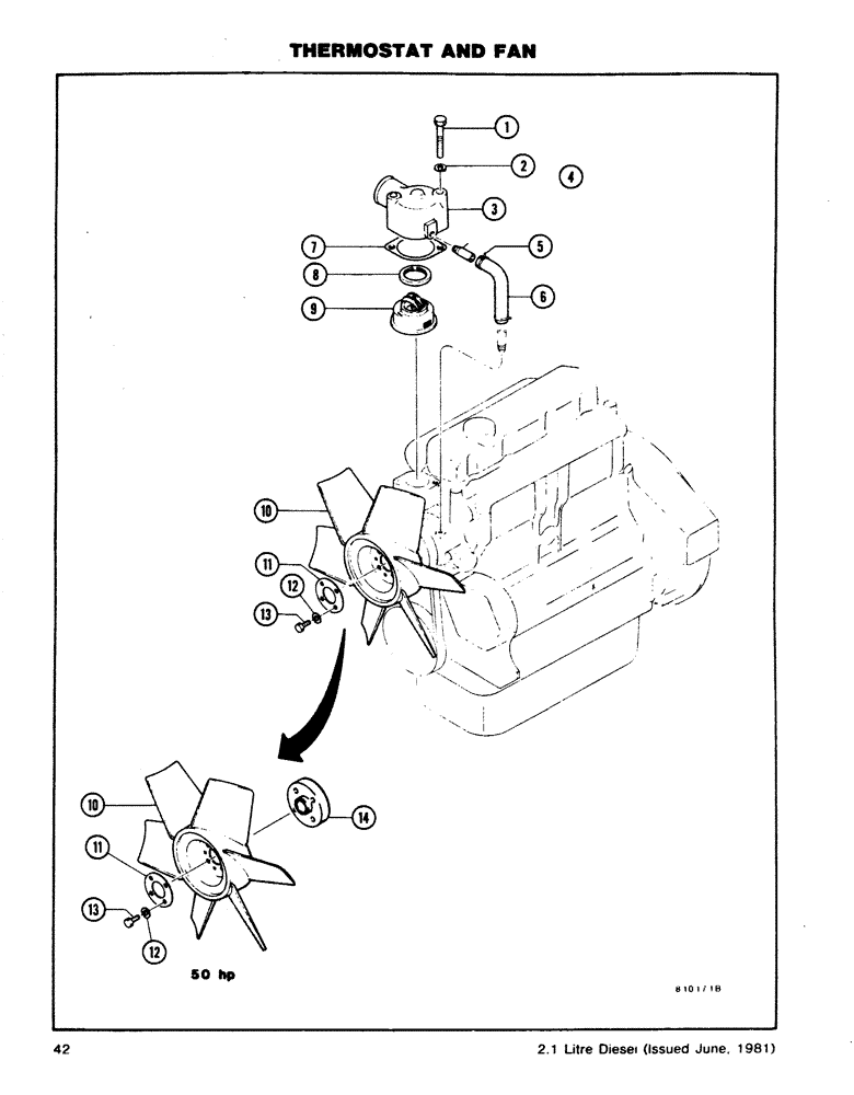 Схема запчастей Case DH4B - (42) - THERMOSTAT AND FAN (10) - ENGINE