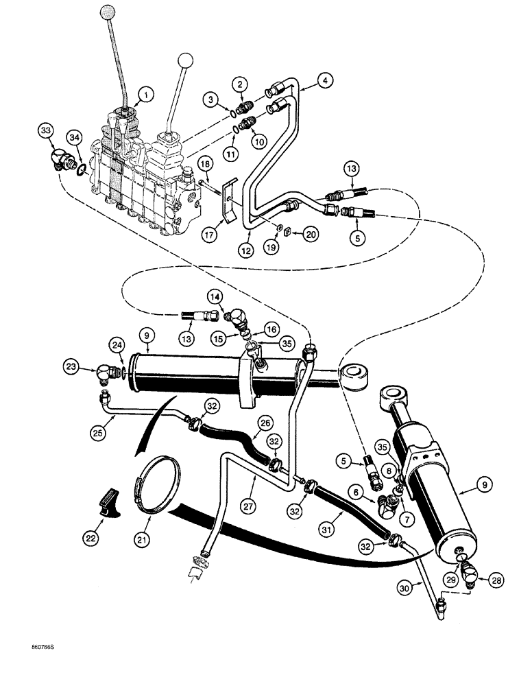 Схема запчастей Case 760 - (08-044) - BACKHOE SWING CYLINDER HYDRAULIC CIRCUIT, WITH TUBE AT SWING CYLINDER CLOSED END (35) - HYDRAULIC SYSTEMS
