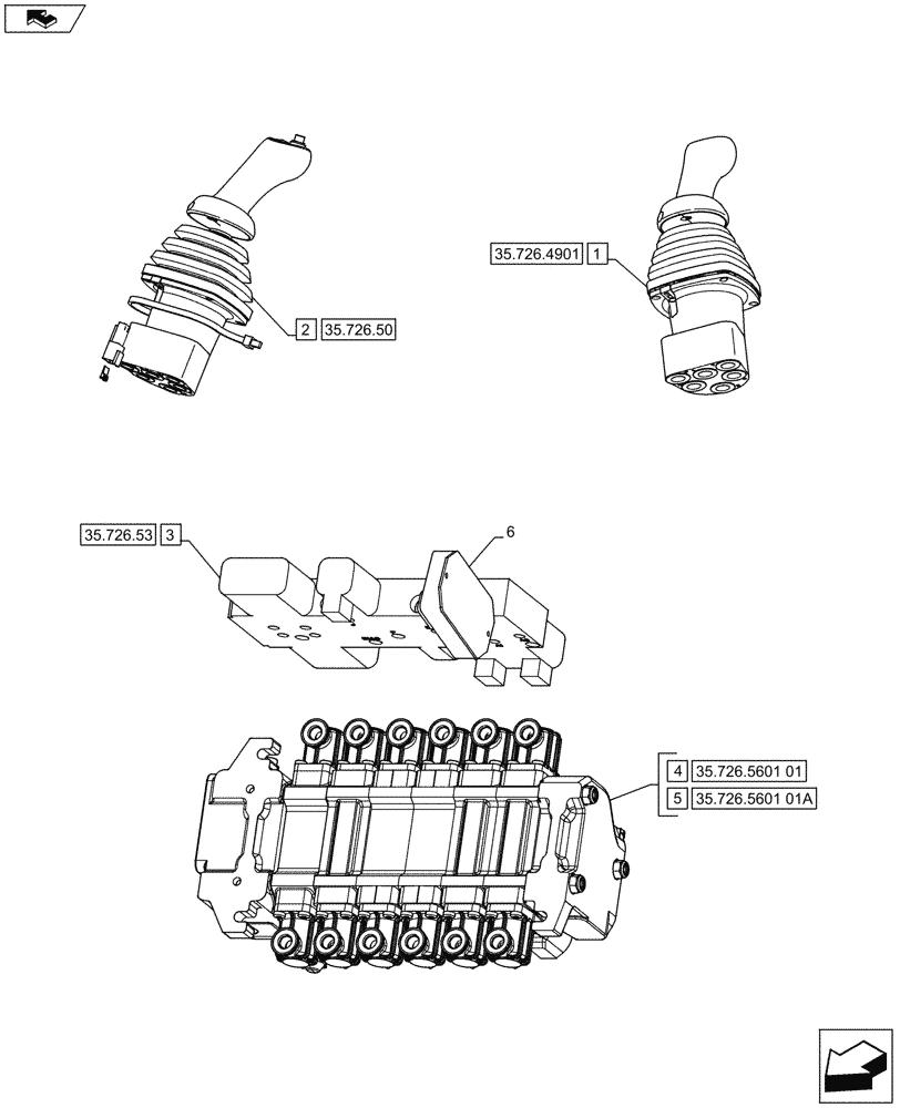 Схема запчастей Case 580SN - (35.726.4501) - VALVE - PILOT CONTROL AND JOYSTICKS (6 SPOOL, W/O EXT DIPPER, W/O AUX HYDS) - D9006 (35) - HYDRAULIC SYSTEMS