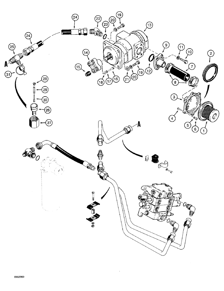 Схема запчастей Case 590 - (8-002) - EQUIPMENT HYDRAULIC SYSTEM, RESERVOIR TO LOADER CONTROL VALVE & LOADER VALVE TO FILTER (08) - HYDRAULICS