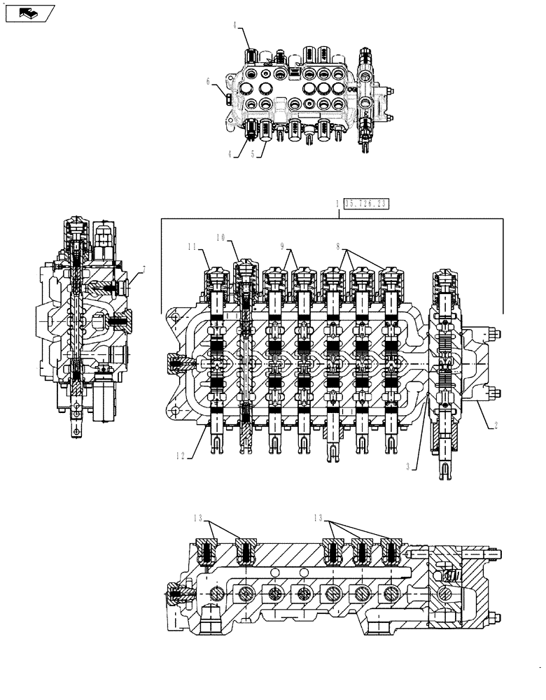 Схема запчастей Case 590SN - (35.726.18[01]) - VAR 423076, 423083, 423084, 742369 - VALVE - BACKHOE CONTROL, 8 SPOOL (W/O EXT DIPPER, W/O AUX HYDS, W/O PILOT CONTROLS) (35) - HYDRAULIC SYSTEMS