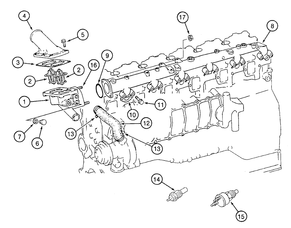 Схема запчастей Case 9050 - (2-38) - WATER PIPE AND THERMOSTAT (02) - ENGINE