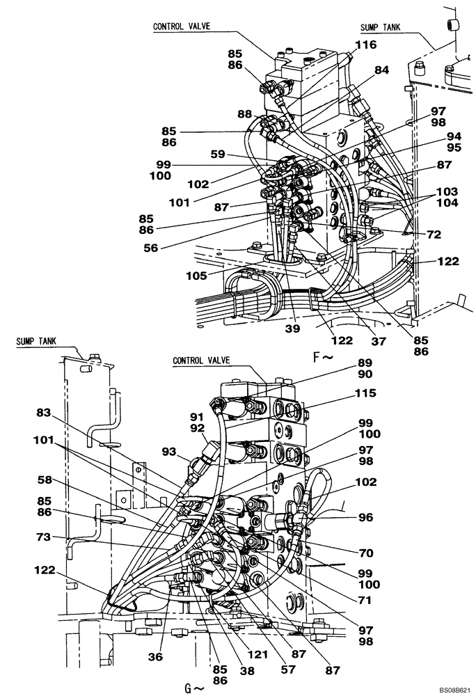 Схема запчастей Case CX80 - (08-42) - PILOT CONTROL LINES - MODELS WITH CONTROL SELECTOR VALVE (08) - HYDRAULICS