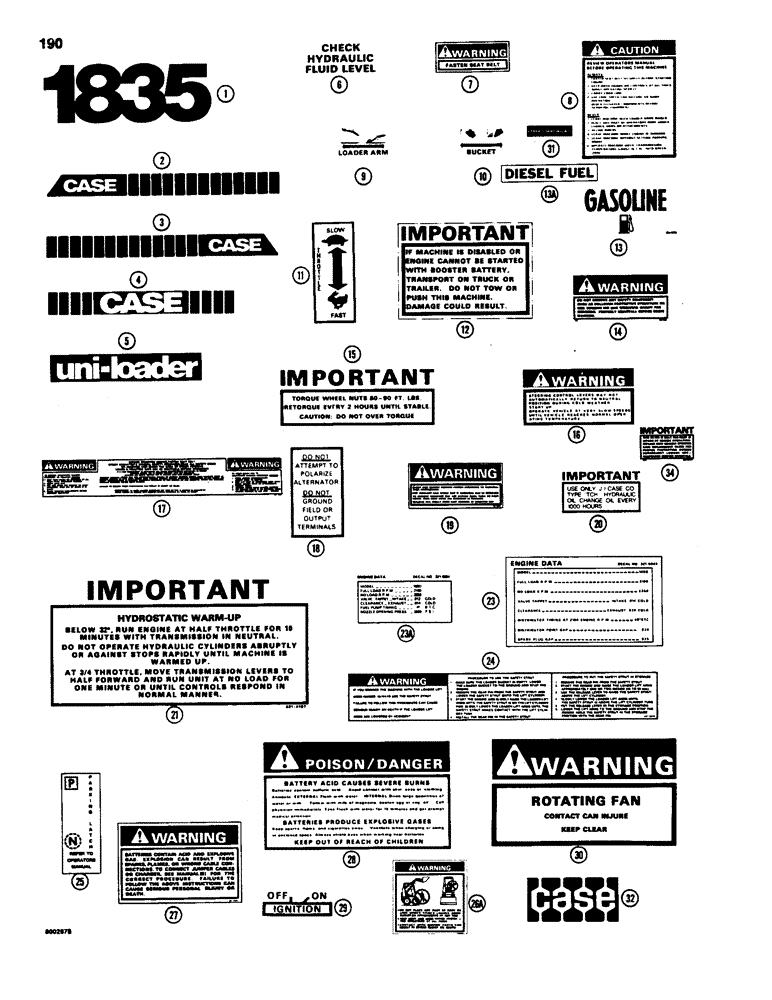 Схема запчастей Case 1835 - (190) - DECALS (09) - CHASSIS/ATTACHMENTS