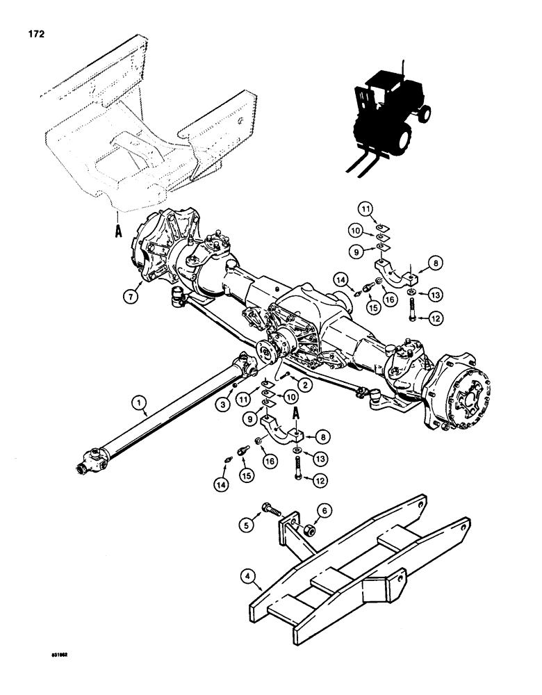 Схема запчастей Case 586D - (172) - REAR DRIVE AXLE MOUNTING AND DRIVE SHAFT, FOUR WHEEL DRIVE MODELS (27) - REAR AXLE SYSTEM