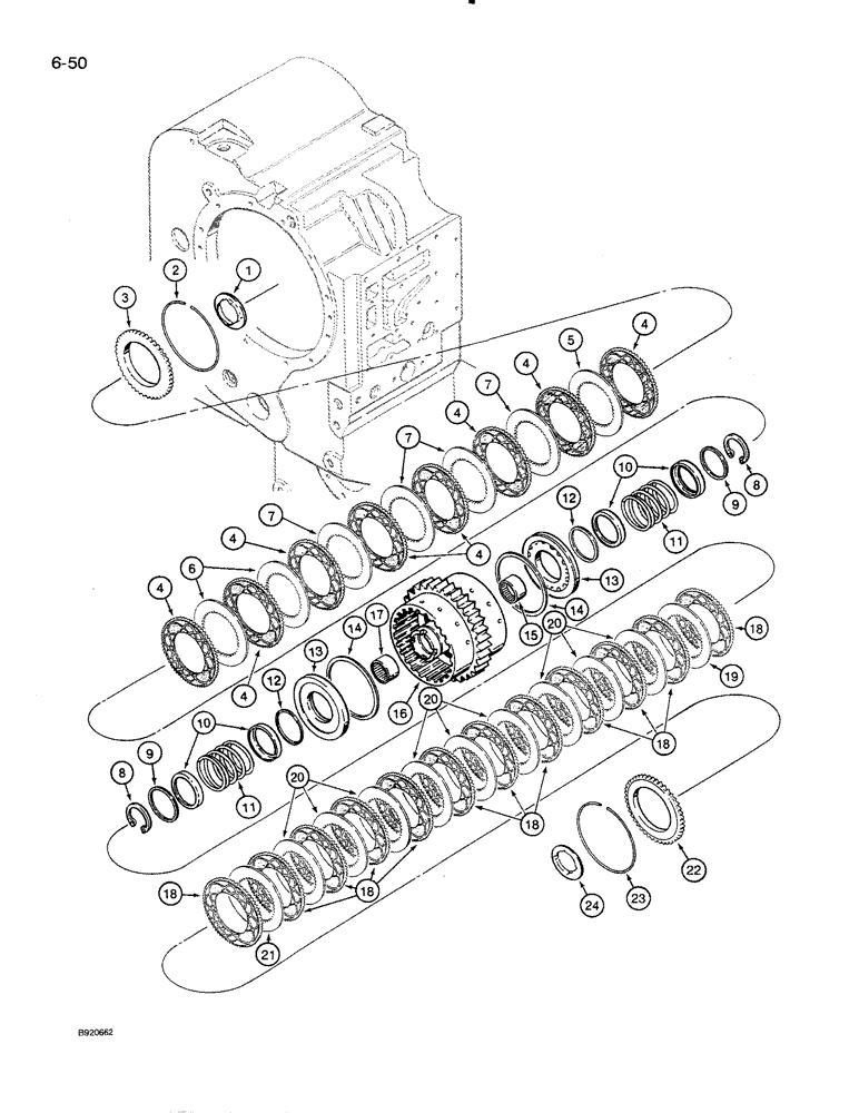 Схема запчастей Case 821 - (6-050) - TRANSMISSION ASSEMBLY, REVERSE AND SECOND CLUTCH PACK, P.I.N. JAK0024165 AND AFTER (06) - POWER TRAIN