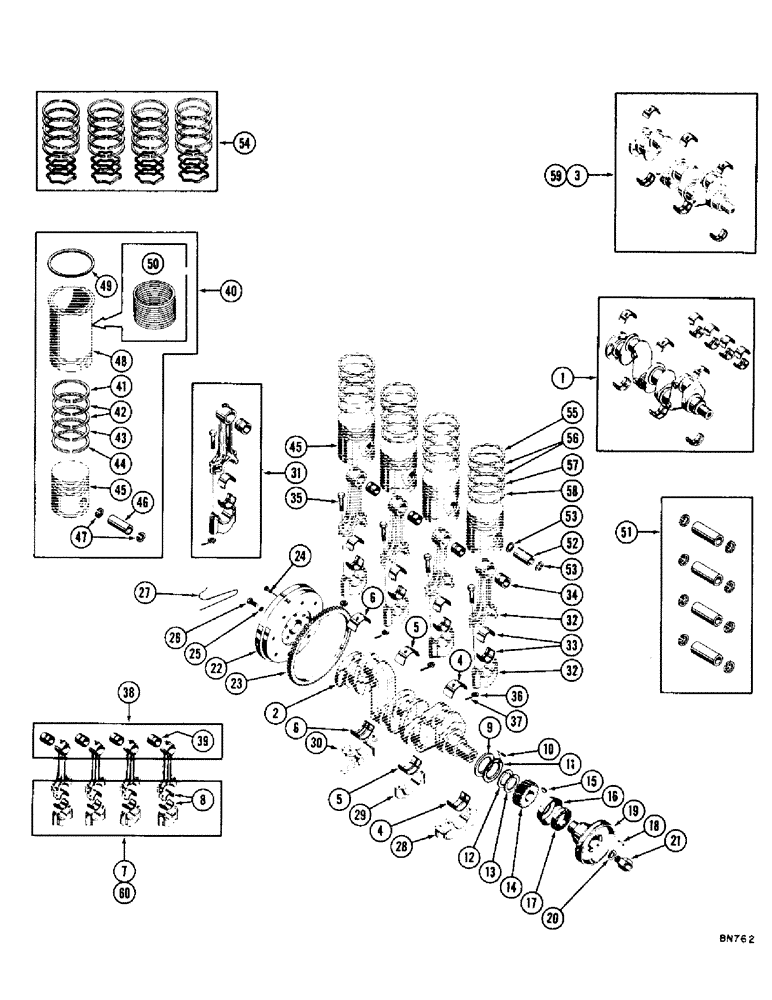 Схема запчастей Case 1000D - (014) - CRANKSHAFT, FLYWHEEL, CONNECTING RODS, PISTONS, AND RINGS (01) - ENGINE
