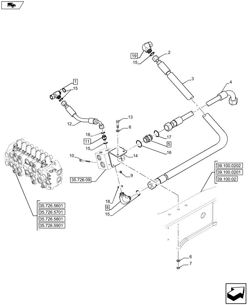 Схема запчастей Case 590SN - (35.726.11) - VAR - 423084 - VALVE INSTALL - BACKHOE CONTROL, DUAL AUX (PILOT CONTROLS) GEAR PUMP ONLY (35) - HYDRAULIC SYSTEMS