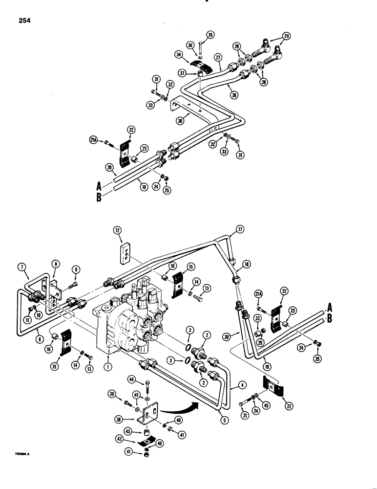 Схема запчастей Case 1150C - (254) - TILT HYDRAULIC CIRCUIT - TILT DOZER MODELS, VALVE TO GRILLE (08) - HYDRAULICS