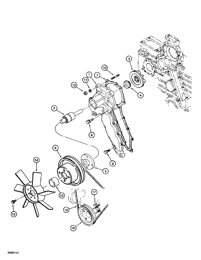 Схема запчастей Case 560 - (2-03A) - WATER PUMP AND FAN, KUBOTA V2203IDI ENGINE, P.I.N. JAF0295741 AND AFTER (02) - ENGINE