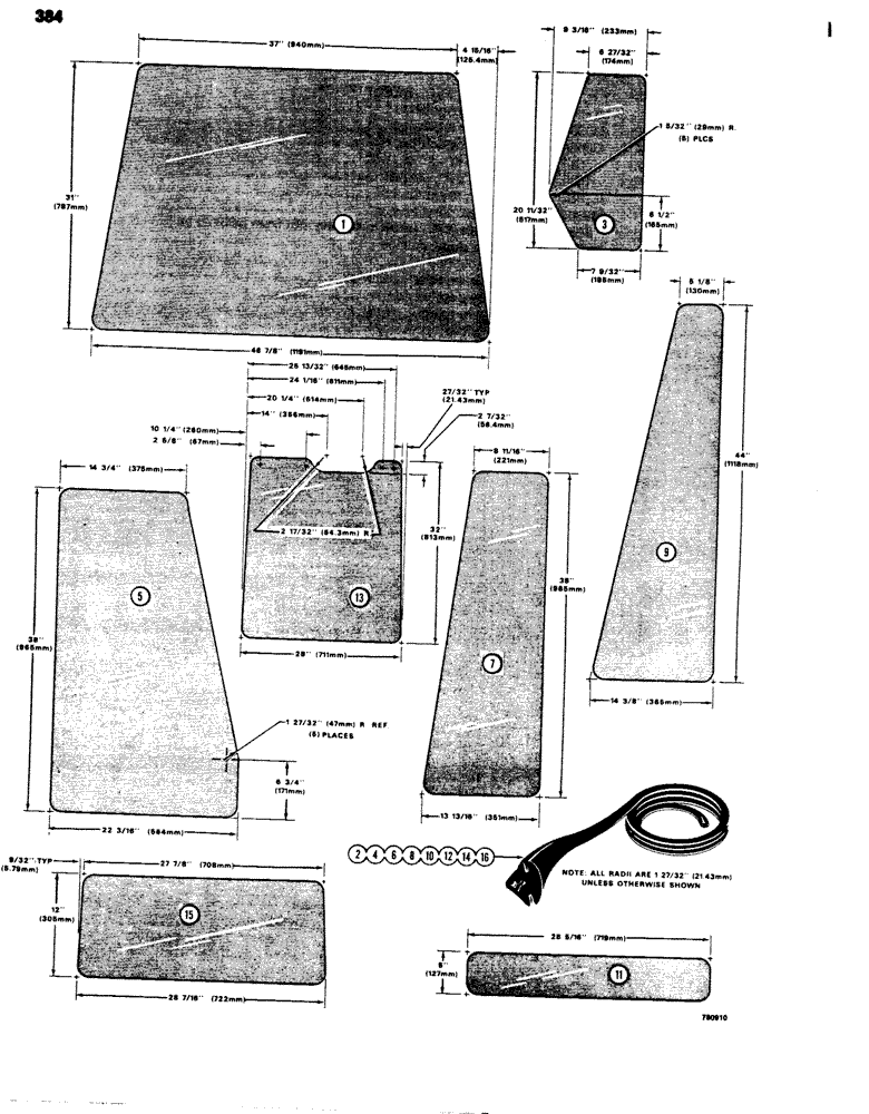 Схема запчастей Case 680G - (384) - CAB GLASS AND MOLDING (09) - CHASSIS/ATTACHMENTS