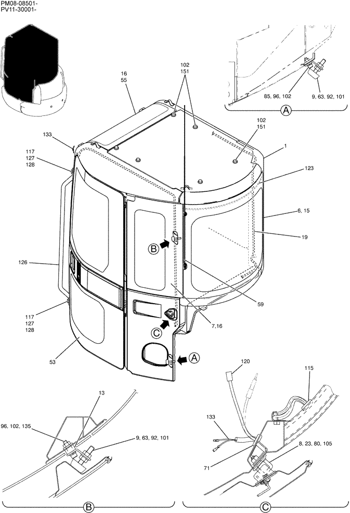 Схема запчастей Case CX27B - (01-045) - CAB ASSY P/N PW02C00068F1 (90) - PLATFORM, CAB, BODYWORK AND DECALS