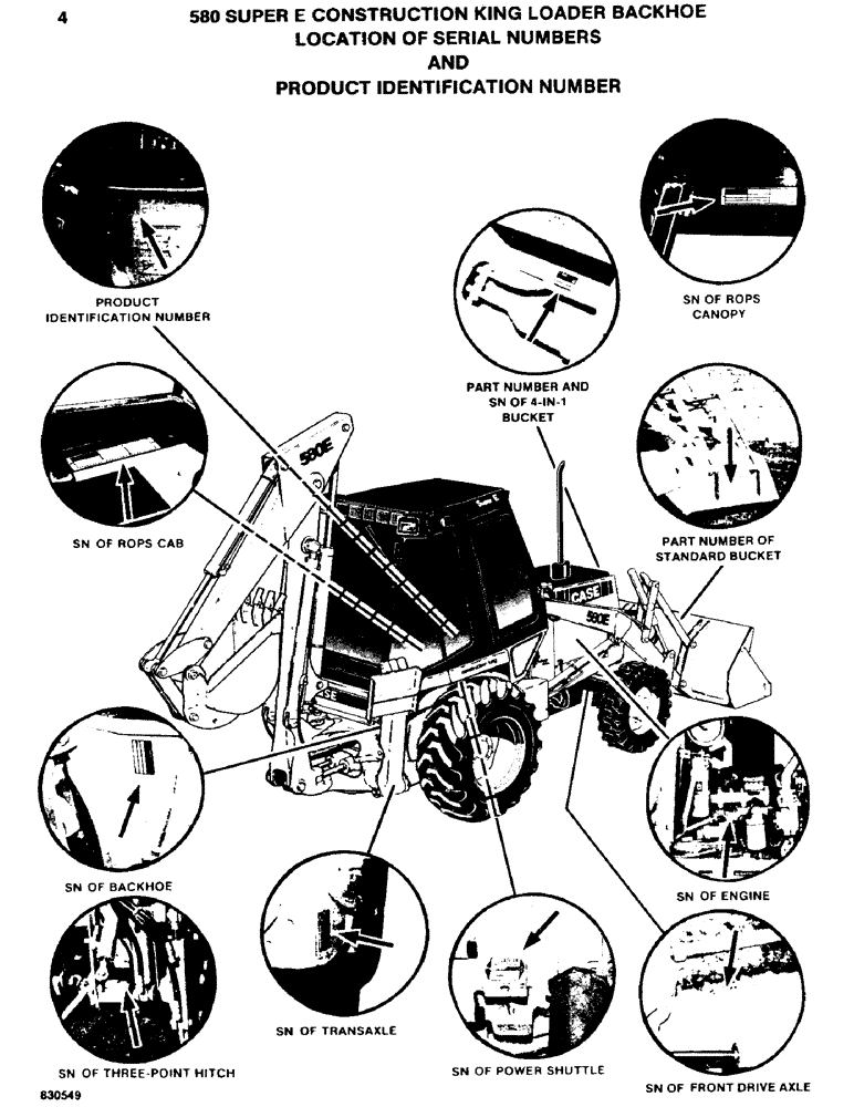 Схема запчастей Case 580SE - (004) - LOCATION OF SERIAL NUMBERS AND PRODUCT IDENTIFICATION NUMBER (00) - PICTORIAL INDEX