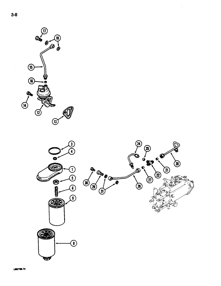 Схема запчастей Case 680L - (3-08) - FUEL FILTER AND LIFT PUMP, 6-590 ENGINE, 6T-590 ENGINE (03) - FUEL SYSTEM