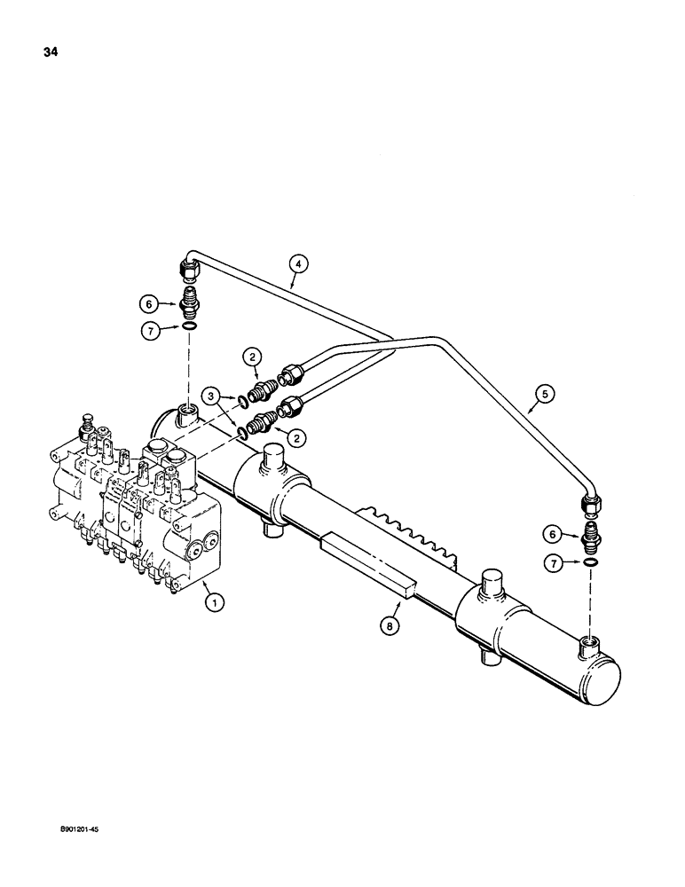Схема запчастей Case D130 - (7-034) - BACKHOE SWING CYLINDER HYDRAULIC CIRCUIT, USED ON 1835C, 1840 & 1845C UNI-LOADERS W/ DUKE VALVE 