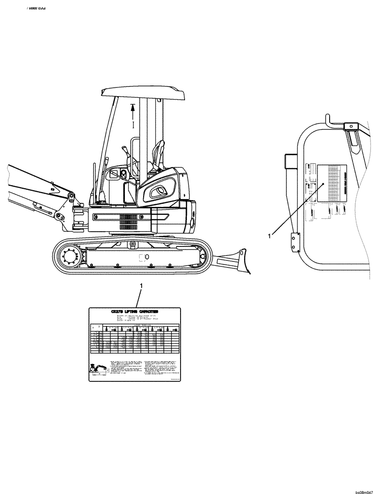 Схема запчастей Case CX27B PV13 - (06-025[00]) - NAME PLATE INSTALL (LIFTING CAPACITES) (LONG ARM) (CANOPY) NAME-PLATE